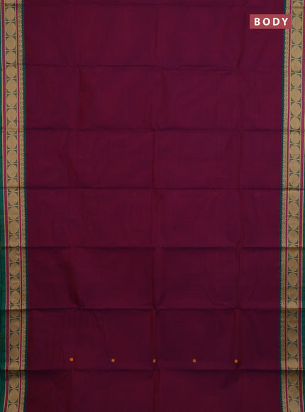 Chettinad cotton saree deep wine and green with thread woven buttas and thread woven border