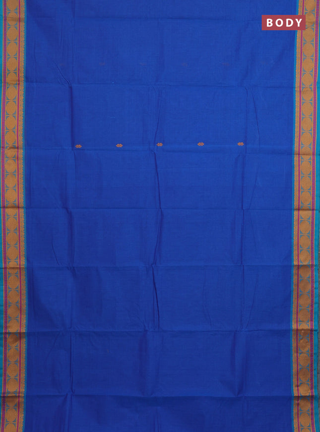 Chettinad cotton saree blue and teal green with thread woven buttas and thread woven border