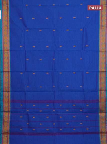 Chettinad cotton saree blue and teal green with thread woven buttas and thread woven border