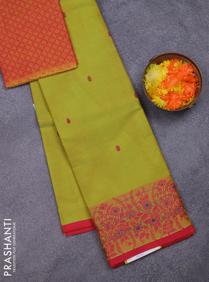 Chettinad cotton saree light green and pink with thread woven buttas and thread woven border