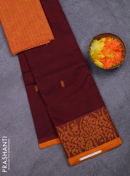 Chettinad cotton saree deep maroon and mustard yellow with thread woven buttas and thread woven border