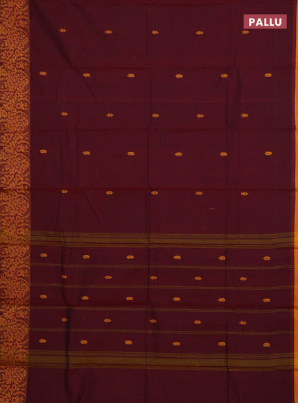 Chettinad cotton saree deep maroon and mustard yellow with thread woven buttas and thread woven border
