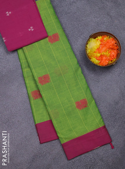 Chettinad cotton saree light green and pink with stripes pattern & annam thread woven buttas and simple border