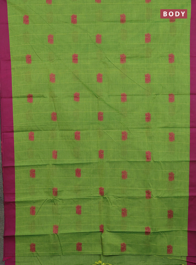 Chettinad cotton saree light green and pink with stripes pattern & annam thread woven buttas and simple border
