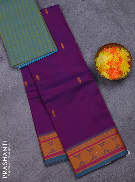 Chettinad cotton saree bluish purple and teal green with plain body and thread woven butta border