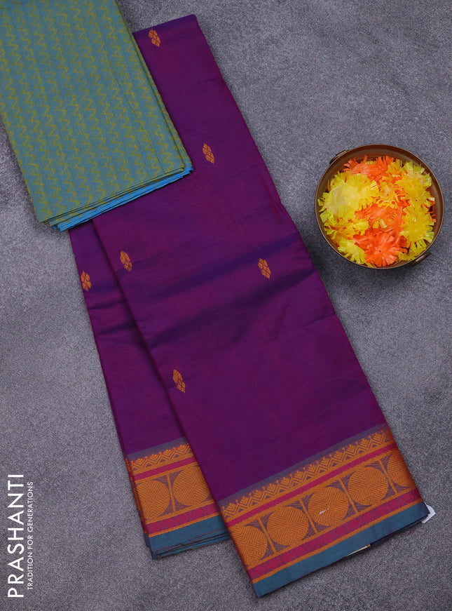 Chettinad cotton saree bluish purple and teal green with plain body and thread woven butta border