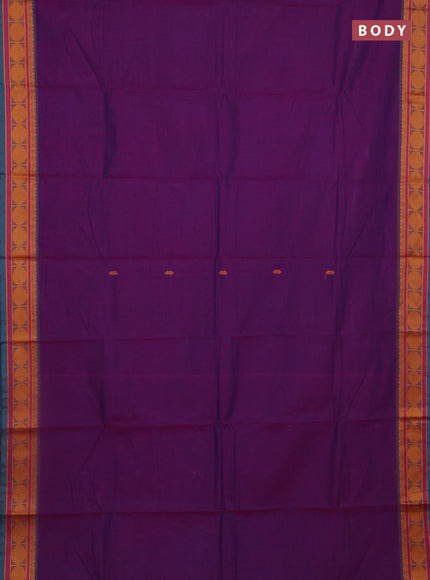 Chettinad cotton saree bluish purple and teal green with plain body and thread woven butta border
