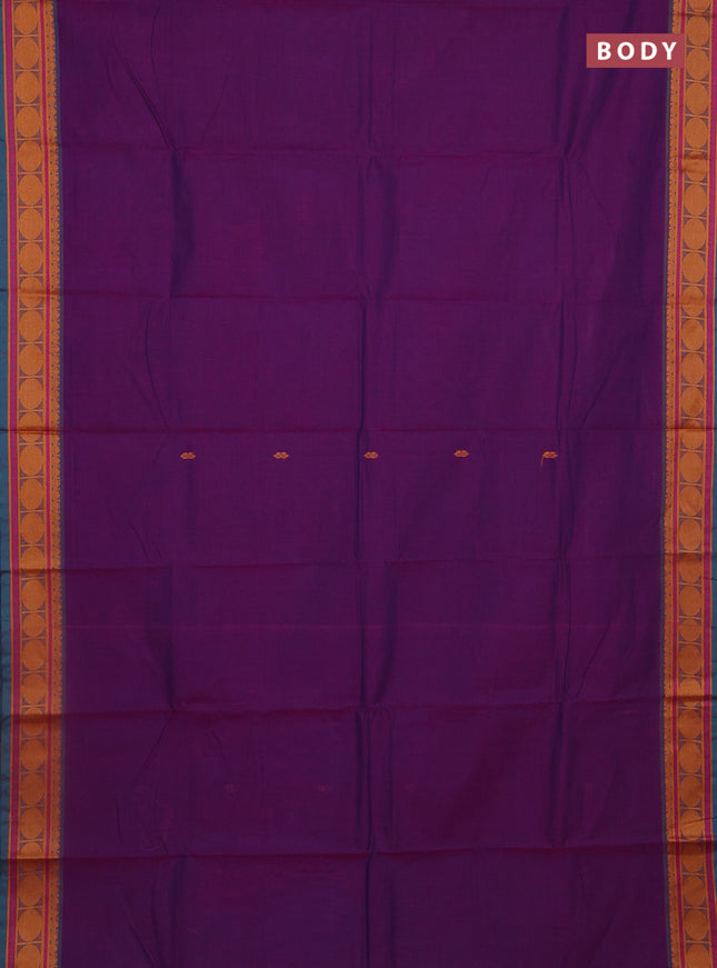 Chettinad cotton saree bluish purple and teal green with plain body and thread woven butta border