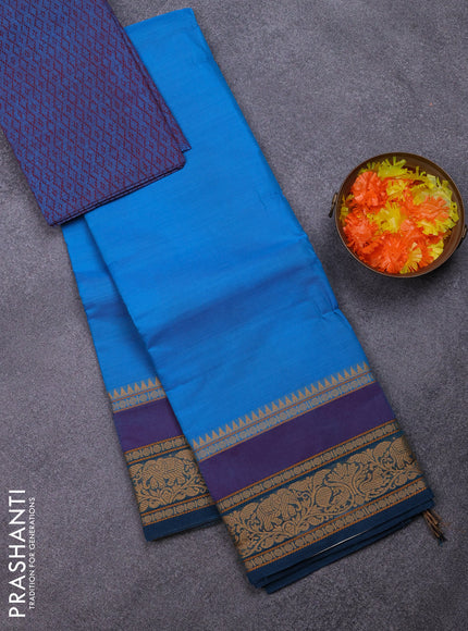 Chettinad cotton saree cs blue and bluish purple with plain body and temple design rettapet thread woven border