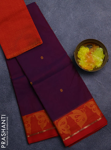 Chettinad cotton saree purple and red with thread woven buttas and thread woven border