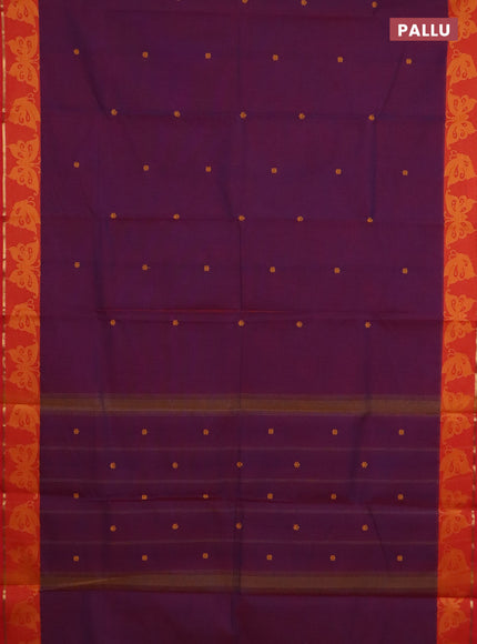 Chettinad cotton saree purple and red with thread woven buttas and thread woven border