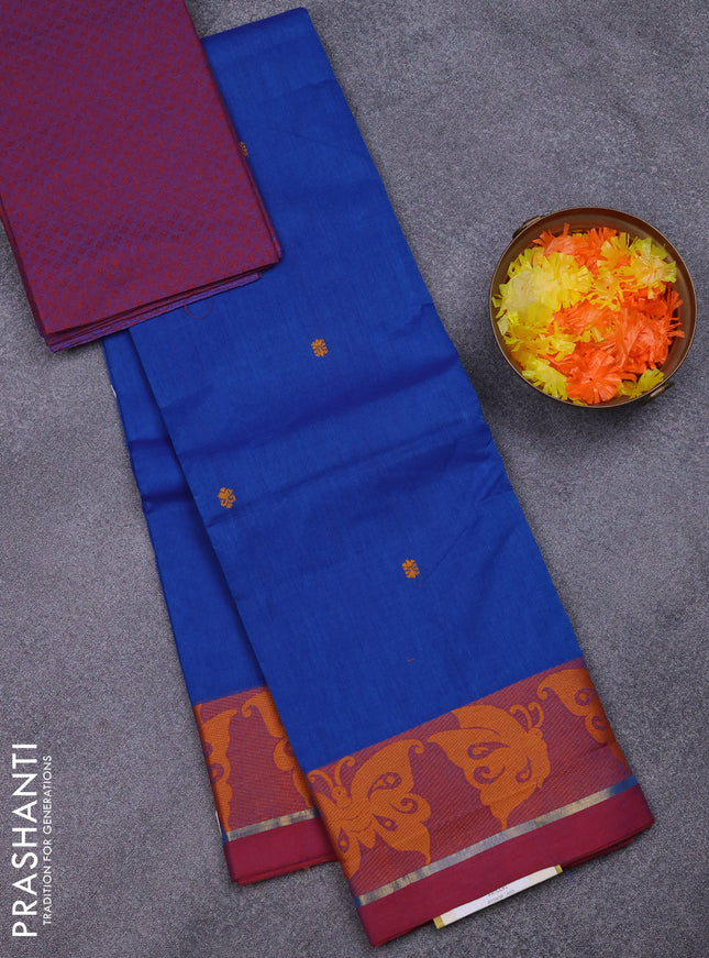 Chettinad cotton saree blue and purple with thread woven buttas and thread woven border