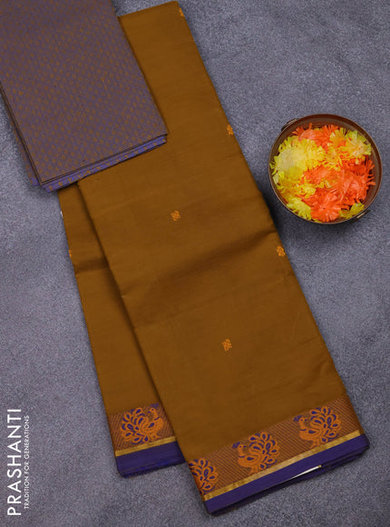 Chettinad cotton saree dark mustard and blue with thread woven buttas and thread woven border