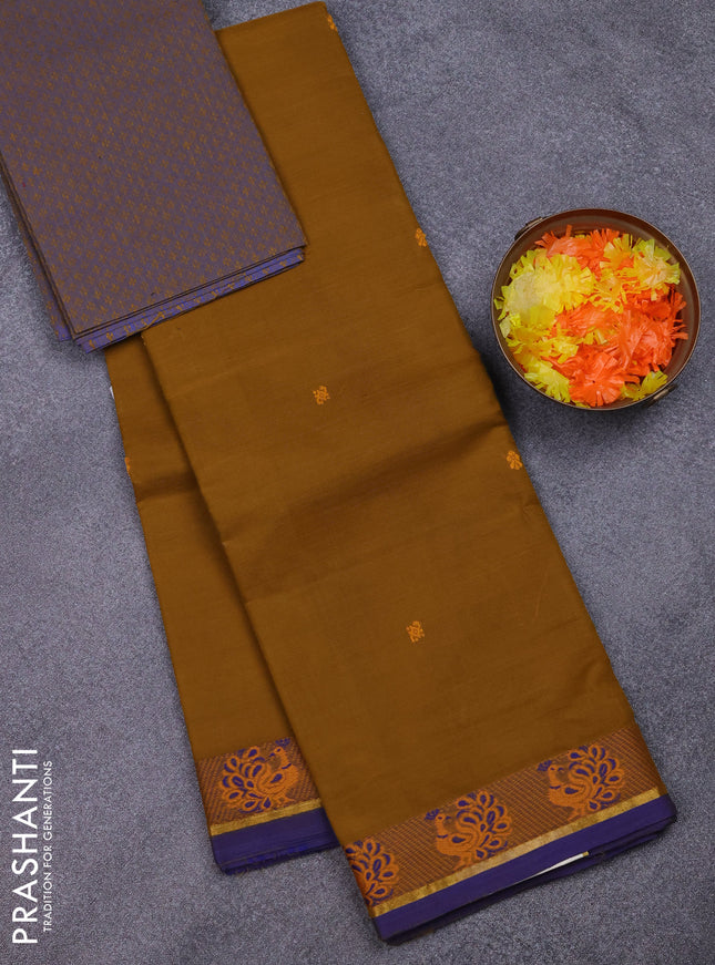 Chettinad cotton saree dark mustard and blue with thread woven buttas and thread woven border