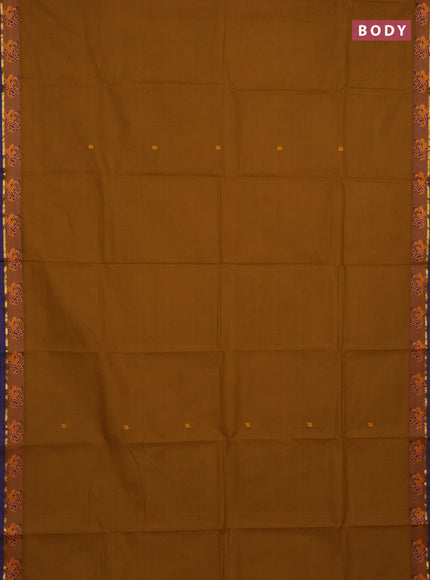 Chettinad cotton saree dark mustard and blue with thread woven buttas and thread woven border