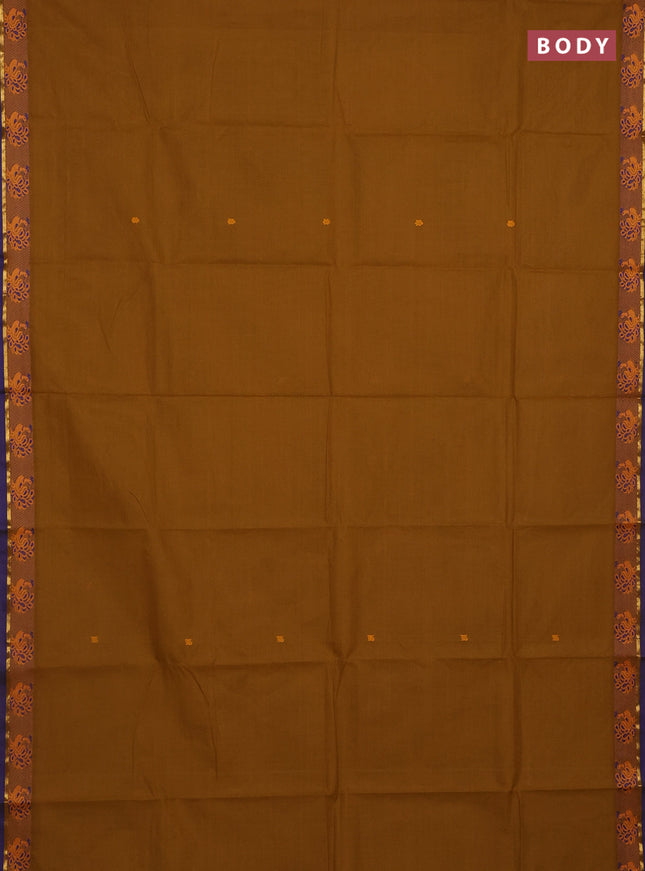 Chettinad cotton saree dark mustard and blue with thread woven buttas and thread woven border