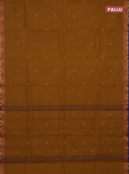 Chettinad cotton saree dark mustard and blue with thread woven buttas and thread woven border