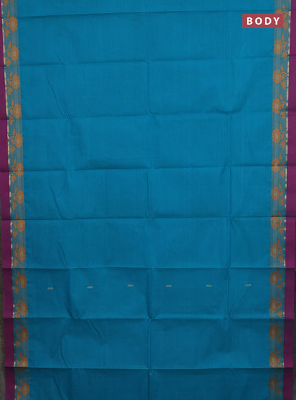 Chettinad cotton saree teal blue and purple with thread woven buttas and thread woven border