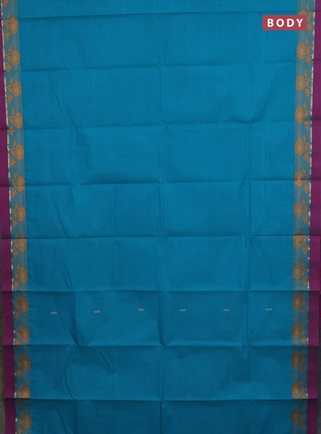 Chettinad cotton saree teal blue and purple with thread woven buttas and thread woven border