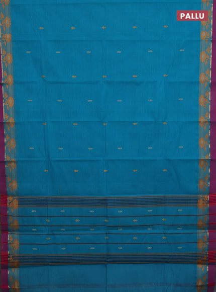 Chettinad cotton saree teal blue and purple with thread woven buttas and thread woven border