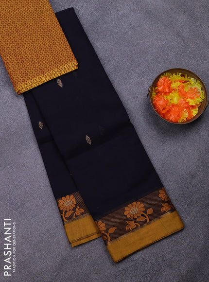 Chettinad cotton saree black and yellow with thread woven buttas and thread woven border