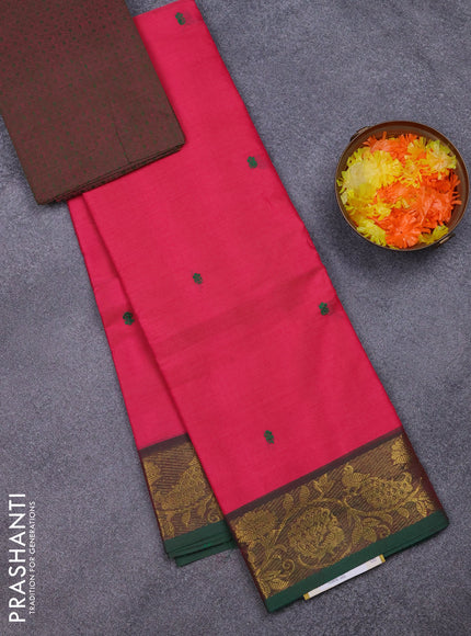 Chettinad cotton saree pink and green with thread woven buttas and peacock zari woven border