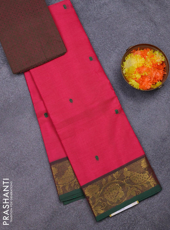 Chettinad cotton saree pink and green with thread woven buttas and peacock zari woven border