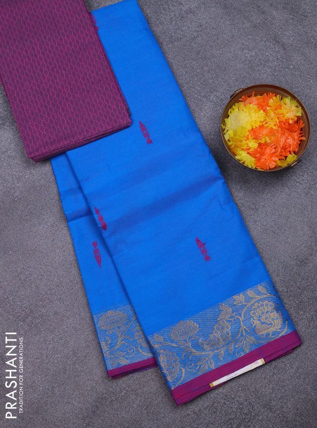 Chettinad cotton saree cs blue and purple with thread woven buttas and peacock zari woven border