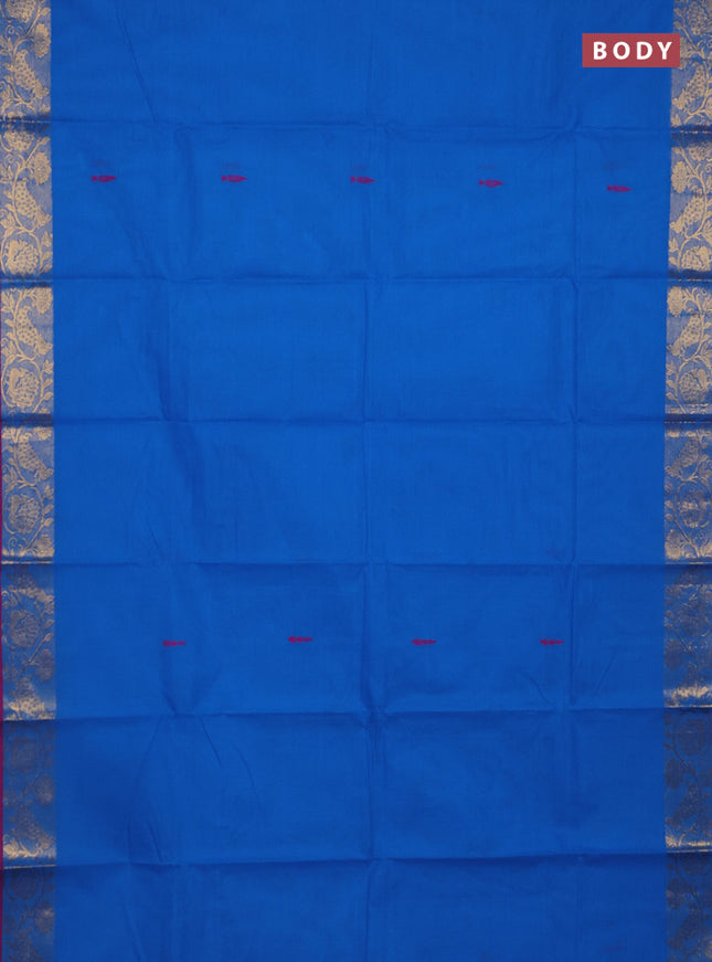 Chettinad cotton saree cs blue and purple with thread woven buttas and peacock zari woven border