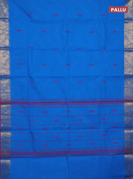 Chettinad cotton saree cs blue and purple with thread woven buttas and peacock zari woven border