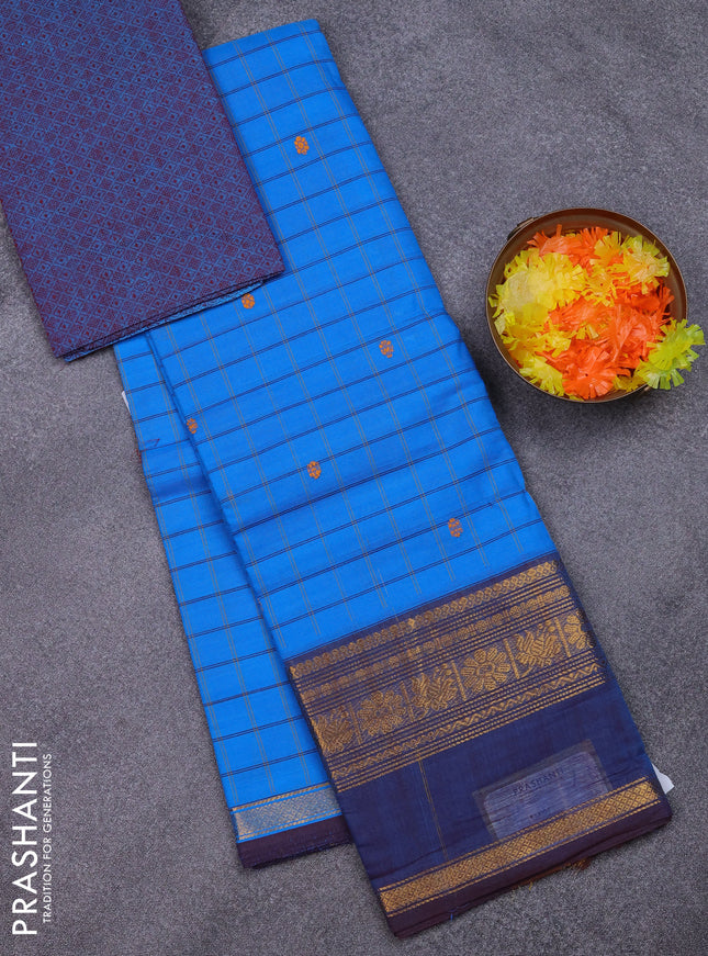 Chettinad cotton saree cs blue and brown with allover checks & thread woven buttas and zari woven border