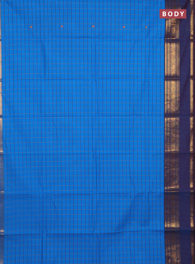 Chettinad cotton saree cs blue and brown with allover checks & thread woven buttas and zari woven border