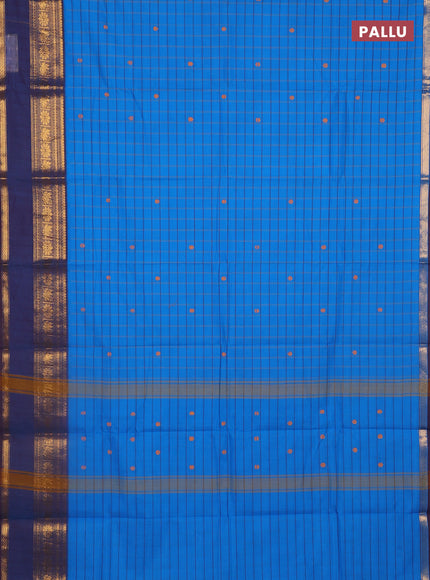 Chettinad cotton saree cs blue and brown with allover checks & thread woven buttas and zari woven border