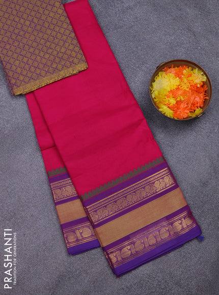 Chettinad cotton saree magenta pink and purple with plain body and rettapet zari woven border