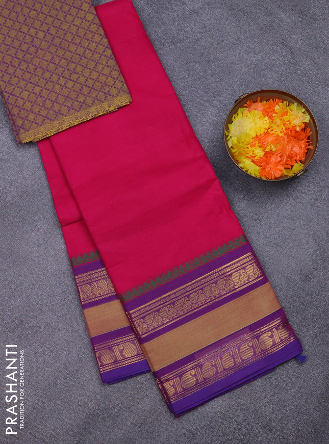 Chettinad cotton saree magenta pink and purple with plain body and rettapet zari woven border