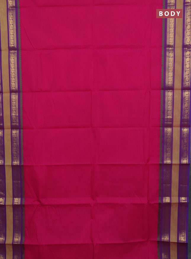 Chettinad cotton saree magenta pink and purple with plain body and rettapet zari woven border