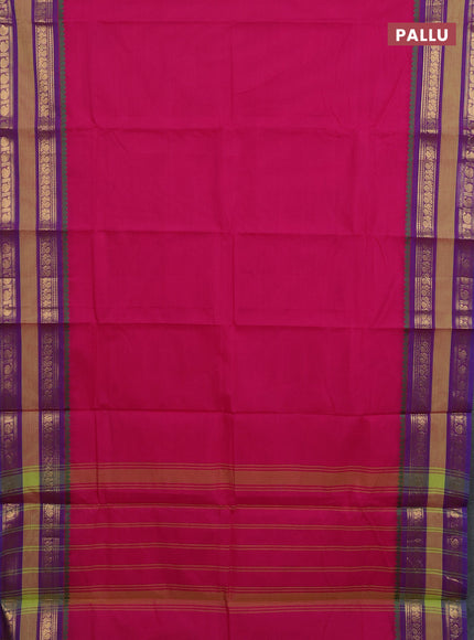 Chettinad cotton saree magenta pink and purple with plain body and rettapet zari woven border