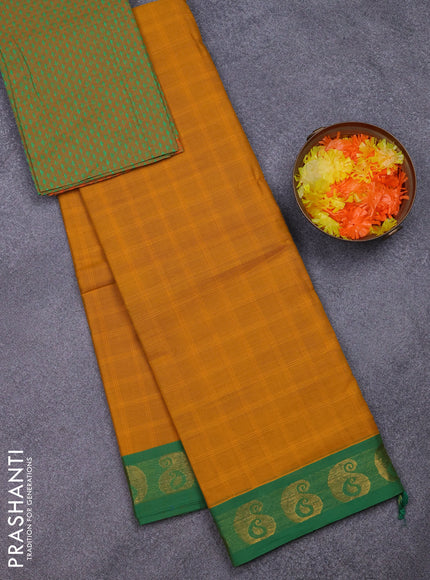 Chettinad cotton saree mustard yellow and green with allover checked pattern and paisley zari woven border