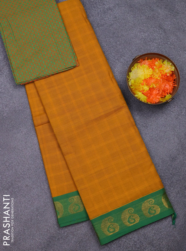 Chettinad cotton saree mustard yellow and green with allover checked pattern and paisley zari woven border