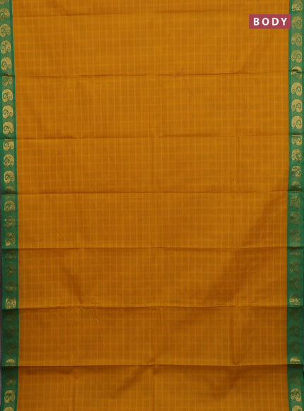 Chettinad cotton saree mustard yellow and green with allover checked pattern and paisley zari woven border