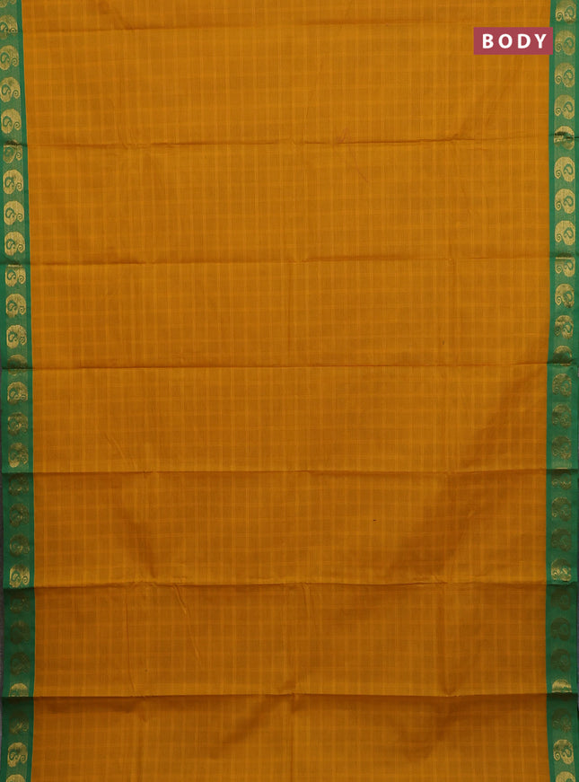 Chettinad cotton saree mustard yellow and green with allover checked pattern and paisley zari woven border