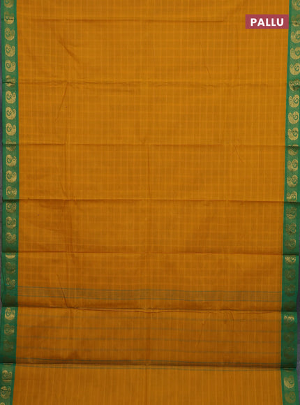 Chettinad cotton saree mustard yellow and green with allover checked pattern and paisley zari woven border