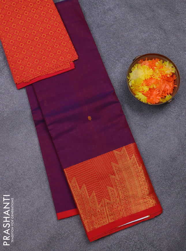 Chettinad cotton saree dual shade of purple and red with thread woven buttas and temple zari woven border