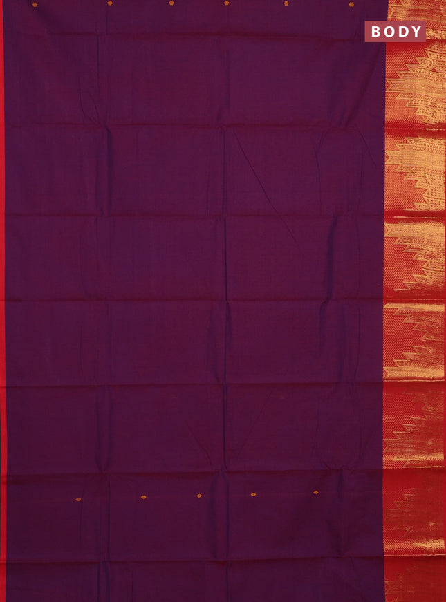 Chettinad cotton saree dual shade of purple and red with thread woven buttas and temple zari woven border