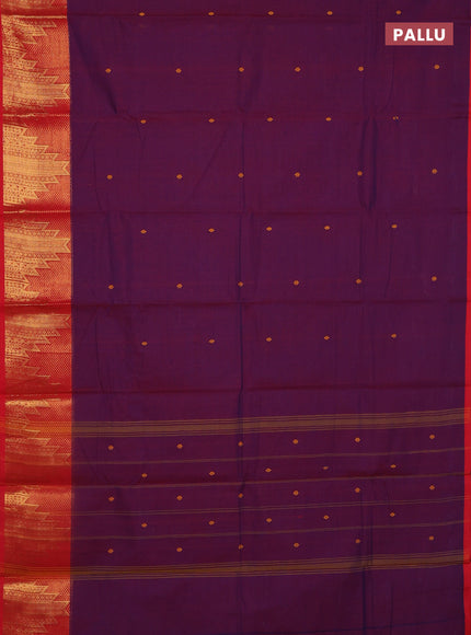 Chettinad cotton saree dual shade of purple and red with thread woven buttas and temple zari woven border