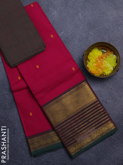 Chettinad cotton saree magenta pink and green with thread woven buttas and long zari woven border