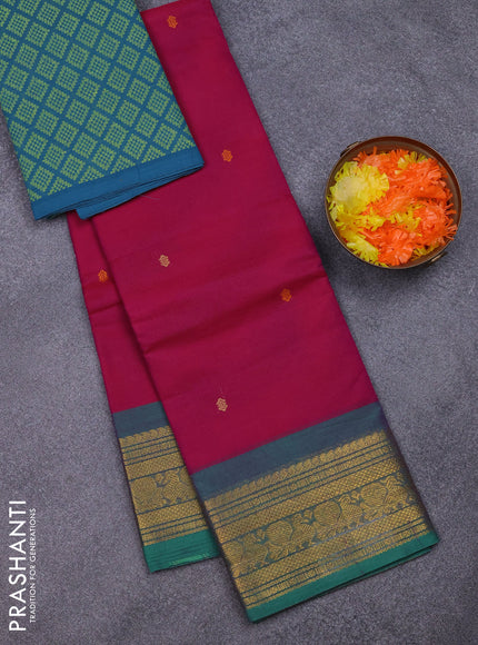 Chettinad cotton saree magenta pink and teal green with thread woven buttas and zari woven border