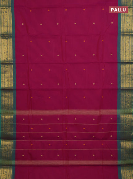 Chettinad cotton saree magenta pink and teal green with thread woven buttas and zari woven border