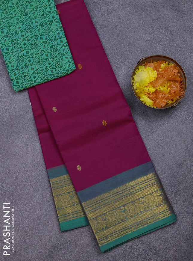 Chettinad cotton saree magenta pink and teal green with thread woven buttas and zari woven border