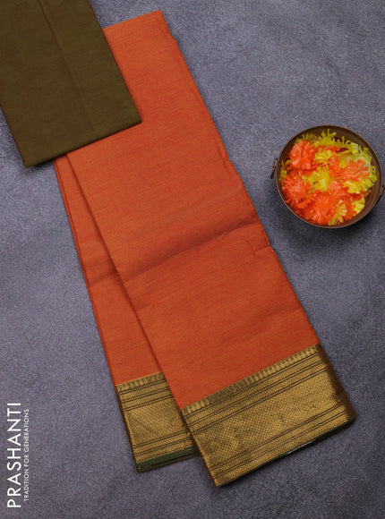 Chettinad cotton saree rust shade and green with allover small checked pattern and zari woven border